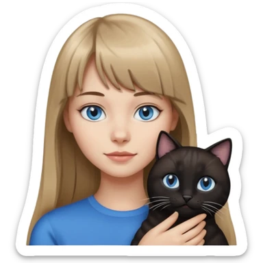 Apple-style emoji sticker of a young woman with long dark blond hair and bang, blue eyes , holding a cat black and white sticker