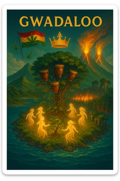 “Depict a mystical reimagining of Guadeloupe, a sacred French Caribbean island renamed Gwadaloo in spiritual rhythm. The landscape blends lush green mountains, twin volcanoes erupting golden light, and deep turquoise sea. In the center stands a legendary Drum Tree — its branches grow carved wooden drums instead of fruit, and glowing ancestral spirits dance around it in a circle of rhythm. Sugarcane fields burn gently in the background, symbolizing the release of colonial pain, while ganja leaves drift in the wind like blessings. Overhead, a sacred ganja-leaf flag flutters in the sky with red, green, and gold colors. A Creole crown floats in golden light above the island, not on any man’s head, but pulsing to the beat of the land. In the distance, ghostly ruins of colonial buildings crumble into dust, reclaimed by vines and time. Use a vibrant, cinematic color palette with warm golden light, deep greens, glowing reds, and ocean blues. Style the scene as prophetic, surreal, and empowering — a vision of Caribbean sovereignty, rhythm, and soul remembrance." sticker