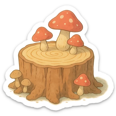 a tree stump cake topped with mushrooms, forest dessert concept, soft pastel colors, ghibli style sticker