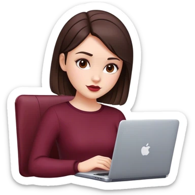 a brunette girl with a square hairstyle, with a laptop Burgundy sticker