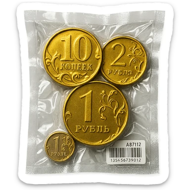 Russian coins, shiny and inflated, vacuum-sealed style sticker