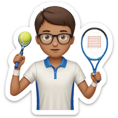 homme l'air cool taille moyenne corpulence maigre cheveux chatain court yeux bleus lunettes photo de pieds en pantalon qui fait du tennis pe sticker