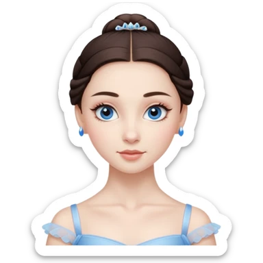 Realistic Ballerina Portrait, with porcelain-like skin featuring a natural rosy flush, illuminated by soft lighting that highlights the gentle contours of her face. Her Brunette hair flows in soft.Her deep blue eyes radiate framed by arched brows and long lashes. sticker