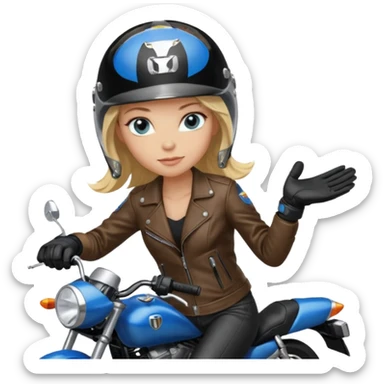 moça loira de cabelo comprido e olhos azuis com capacete em moto honda 150 preta em cima da moto sticker