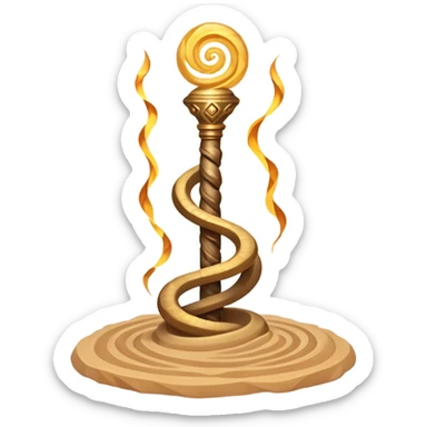desert sand mage staff object icon, ancient staff with serpent coils around it, glowing golden sand gem on top, swirling sand aura, fantasy desert weapon, 3D cartoon, mobile game icon style, centered, clean background, no text, no watermark
 sticker