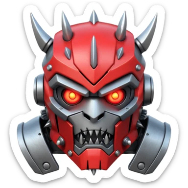 futuristic berserker war robot portrait, head and shoulders only, angry faceplate, jagged mouth grill, glowing eyes, spiked shoulder armor, scratched metal, intimidating look, 3D cartoon, mobile game icon style, clean background, no text, no watermark
 sticker
