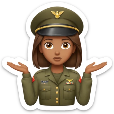 brown-skinned girl in army attire with brown hair, shrugging sticker