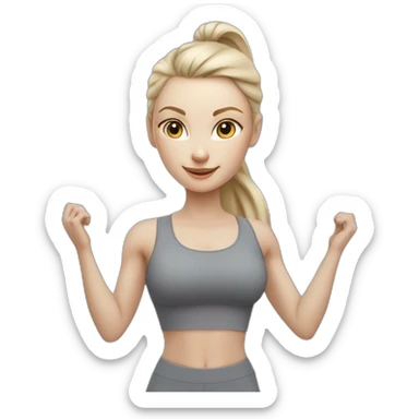 Pale skinned fit woman In a gray tight yoga suit With ash blonde hair in a ponytail doing yoga sticker
