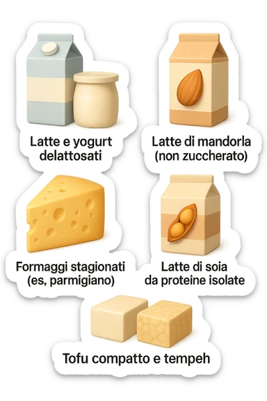 emoji stile iphone 3d di questi elementi che fluttuano in aria:

Latte e yogurt delattosati
Latte di mandorla (non zuccherato)
Latte di soia da proteine isolate
Formaggi stagionati (es. parmigiano)
Tofu compatto e tempeh
 che fluttuano in aria,  le etichette scrivile in italiano, iperealistico 4k sticker