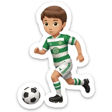 Celtic footballer jersey logo  6 years old brown hair white boy , stripes uniform , RUNNING  with soccer ball # 17 celtic football logo PUT ONLY ONE LOGO sticker