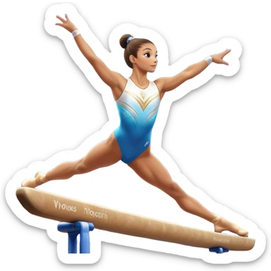 A gymnast performing a flawless routine on the balance beam, showcasing strength and grace. The scene captures the precise, elegant movement with perfect balance and form. The background features a gymnastics arena with vibrant lighting and cheering crowds, emphasizing athleticism and poise. sticker
