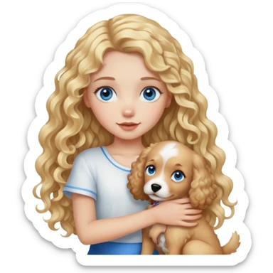 Girl with long curly blonde hair and blue eyes holding dog sticker