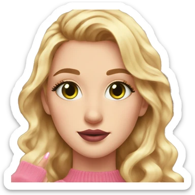 White girl pink sweater pink lipstick green eyes gold earrings pink nails reddish golden wavy long hair upper body holding books sticker