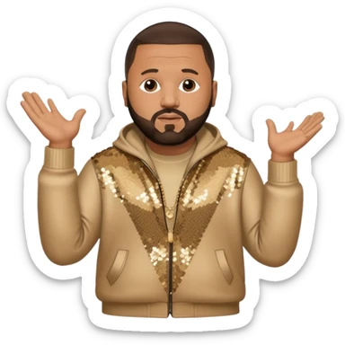 DJ Khaled with dark brown hair, beige sequin outfit sticker