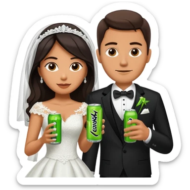 mexican wife in white wedding dress and white husband in wedding suit holding monster energy drink sticker