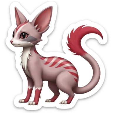 Minccino-Lykoi-Emolga-Sphynx-Linoone-Zangoose-fusion-hybrid-animal-Fakémon-creature, full body, thin long sleek scaly tail, intricate markings sticker