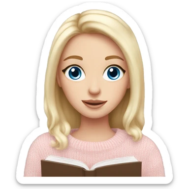 Pretty blue eyed white girl with light pink sweater reading cozy sticker