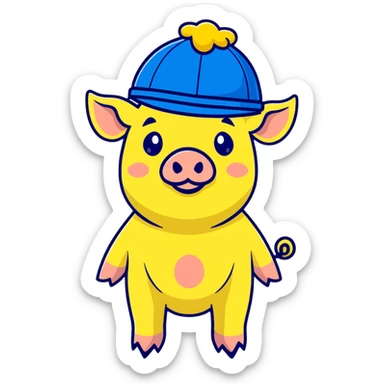 pig body with President Zelensky's face wearing a yellow and blue hat sticker