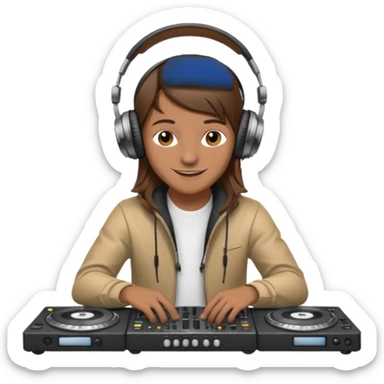 White dj mixing with dj booth, headphone on head, no cap, not bald, brown hair  sticker