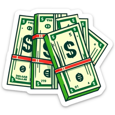 green upward arrow next to progressively taller stacks of dollar bill packs wrapped with bands sticker