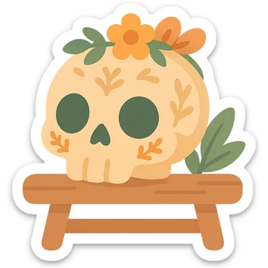 "A cute, whimsical skull resting gently on a wooden table, styled with a warm and soft color palette: golden orange (FA9B41), deep forest green (4A7C5C), muted taupe brown (96775A), and pastel peach (FFCC9A). The skull has rounded, friendly features and big, expressive eye sockets, giving it a sweet and non-threatening appearance. It is decorated with small floral or leafy patterns, and perhaps a tiny flower crown or ribbon in peach or green tones. The wooden table has a rustic charm, and the lighting is warm and magical, with gentle shadows and a cozy, storybook-like atmosphere. The overall scene feels enchanting, calm, and charming sticker