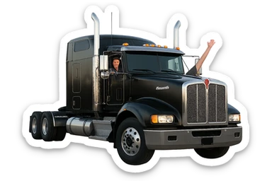 Edit the image of the black Kenworth W680 sleeper semi with chrome stacks to show only one person on the driver's side, hanging out of the window with one arm up. Make the style realistic and keep the background transparent. sticker