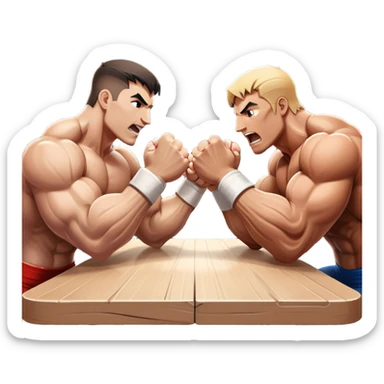 Two strong competitors locked in an intense arm wrestling match, muscles tensed as they battle for victory. The table is well-lit, showcasing their focused expressions and powerful arm grips. The background features a competitive arena with a cheering crowd. Transparent background. sticker