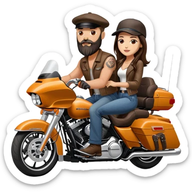 Harley Davidson road glide bearded bald man backward hat  with brunette girl  pillion sticker
