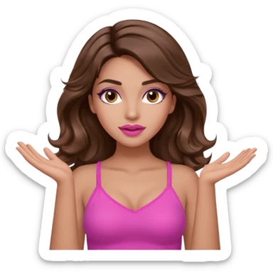 girl with long wavy brown hair, brown eyes, long lashes makeup, sexy pink lips, light to medium complexion, pink sexy top, two hands up shrugging sticker