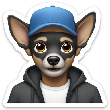 blue eyed man, with grey hair,  grey goatee, wearing ball cap, holding long hair black chihuahua sticker