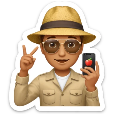 Draw a male tourist who pointed his phone for a photo. In the style of an Apple emoji sticker