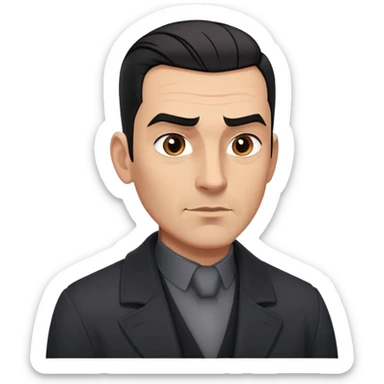 Robust athletic man in his 40s with light brown skin tone, short slicked back straight black hair with fade haircut, strong square face, thick eyebrows, wide nose, black overcoat with buttoned gray shirt visible underneath sticker