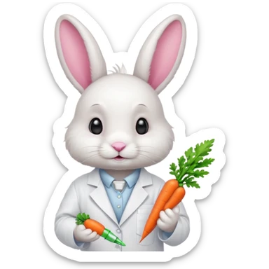 ​​White bunny in lab coat holding carrot syringe.







 sticker