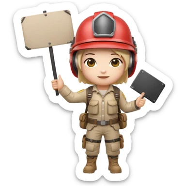 Create a cute emoji-style PUBG Mobile character, chibi version with helmet and backpack, standing in victory pose, holding a blank white sign or paper sheet in both hands in front of chest, ready for text, clean white background, simple emoji design” sticker