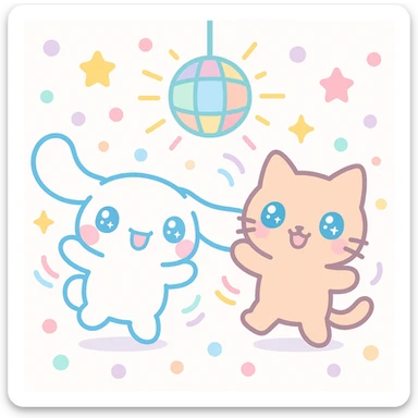 Cinnamoroll and a cat at a dance party, kawaii style, colorful lights, happy dancing, festive mood sticker