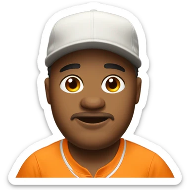 Fat man with no shoes or socks, a baseball cap, and orange shirt on. He is also a game streamer. sticker