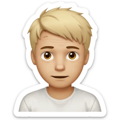 Male with short, messy blonde hair, large expressive golden-brown eyes, light brown skin, subtle facial bruises and scratches, crooked smile showing slightly damaged teeth, wearing a plain white t-shirt, friendly but creepy expression. sticker