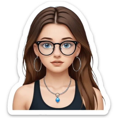 White girl with long brown hair, part going more to the RIGHT side, BLUE eyes, wearing BLACK plastic frame glasses that go from black to CLEAR ombré from top to bottom. SEPTUM nose piercing hoop, AND stud nose piercing on right side of nose. Wearing BLACK tank top. Wearing big hoop earrings  sticker