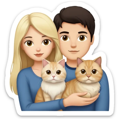 pretty girl with long dark hair holding a blonde persian cat beside her boyfriend holding a small black cat sticker