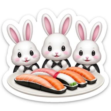 four bunnies together eating sushi at a birthday party, playful, sushi platters, birthday banner, new pose, emoji style sticker