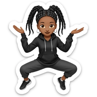 African American girl dark skin complextion long black box braids wrapped in a single bun wearing plain black hoodie dancing sticker