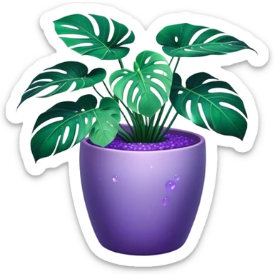 A mesmerizing monstera plant with oversized, surreal deep violet-green leaves, shimmering slightly as if touched by moonlight. The plant sits in an elegant lavender-hued ceramic pot with a glossy, iridescent finish, reflecting subtle purples and blues. Tiny bioluminescent flowers with lilac and indigo petals emerge from the edges of the pot, glowing faintly in the dimly lit atmosphere. The background consists of a mystical, abstract blend of deep purples, blues, and emerald greens, resembling a cosmic nebula. Ethereal, soft light filters in from the side, giving the scene a dreamlike, almost otherworldly quality sticker