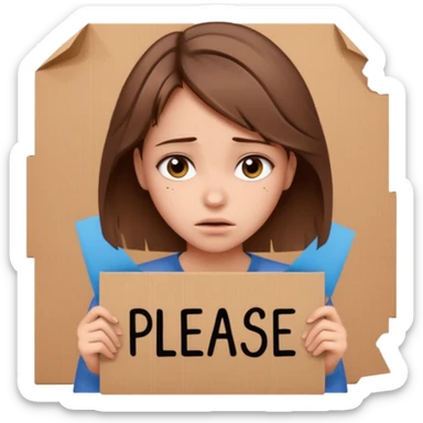 Sad realistic emoji of a young woman with messy hair, holding a cardboard sign that says "PLEASE SUBSCRIBE", emotional begging expression, cinematic lighting, shallow depth of field, soft blurred background, high detail, viral social media style sticker