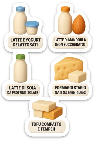 emoji stile iphone 3d di questi elementi che fluttuano in aria:

Latte e yogurt delattosati
Latte di mandorla (non zuccherato)
Latte di soia da proteine isolate
Formaggi stagionati (es. parmigiano)
Tofu compatto e tempeh
 che fluttuano in aria,  le etichette scrivile in italiano, iperealistico 4k sticker
