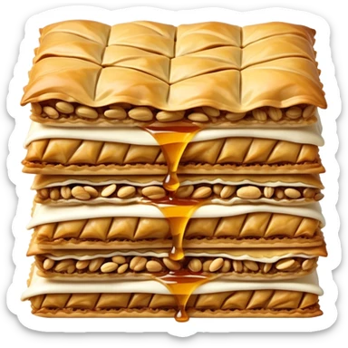 Cinematic Realistic Baklava Dessert Emoji, depicted as layers of flaky pastry with honey and nuts rendered with rich textures and warm, inviting lighting. sticker