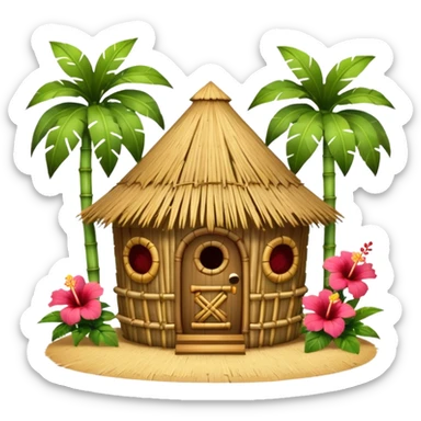 Hawaiian tiki hut house, round tropical hut, bamboo details, thatched roof, tiki masks decoration, hibiscus flowers, cute mobile game icon, 3D cartoon, clean background, no text sticker