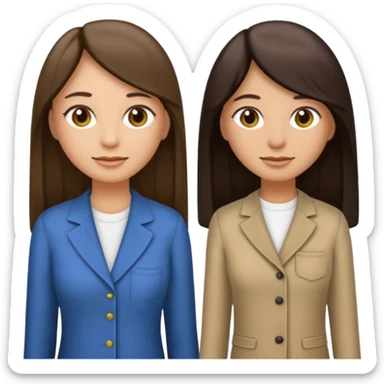 generate me emojis of sisters, one should look older, the other younger. the older one has dark brown hair, long, straight, the younger one is slightly lighter, also straight, long. clothes are any in principle, the main thing is that they more or less look like each other sticker