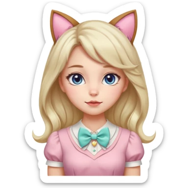 Gorgeous pastel anime style lady with blushing cheeks, cat ears, long beautiful Lucious stylish hair, big pretty eyes, cute colorful pastel dress and skirt and bow ties, and necklace sticker