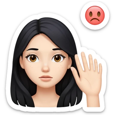 girl with long black hair, soft makeup, and a pimple on her face sticker