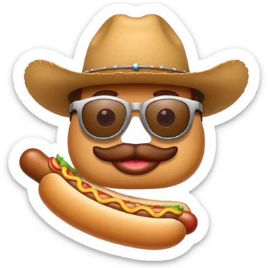 A hotdog with sunglasses and a cowboy hat sticker